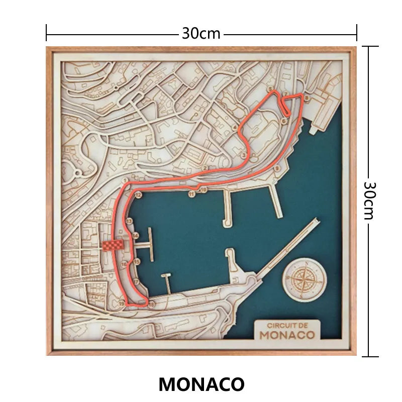 Sculpture Murale F1 – Circuits Iconiques Gravés sur Bois en 3D